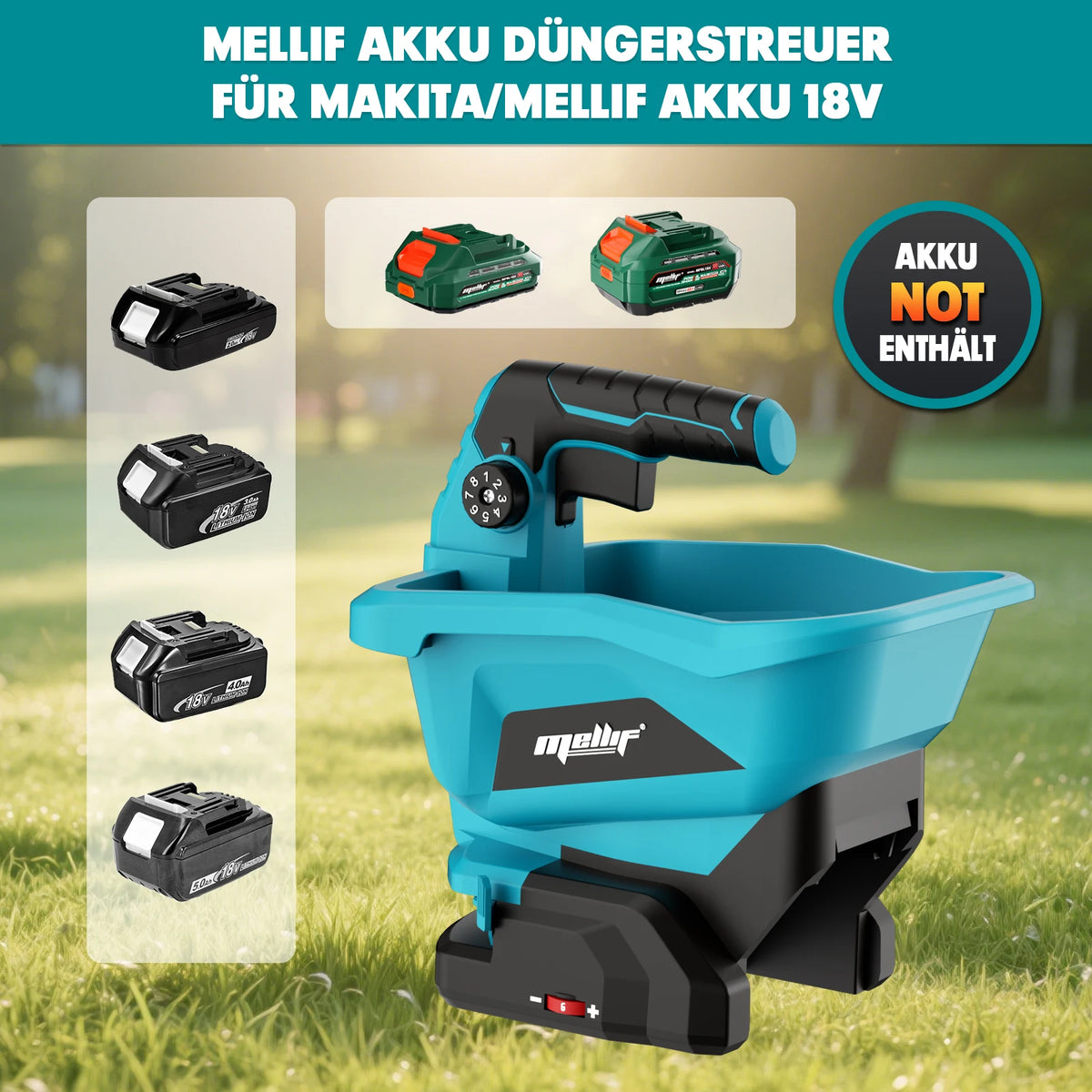 A blue cordless handheld spreader tool for Makita/Mellif 18V batteries shown in a grassy outdoor setting.