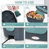 Instructions showing how to use a portable electric lunch box for heating food.