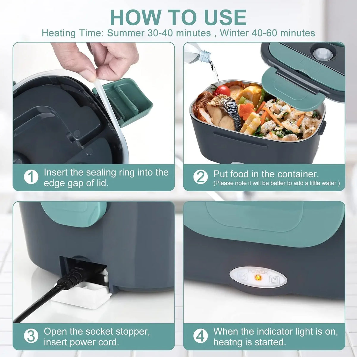 Instructions showing how to use a portable electric lunch box for heating food.