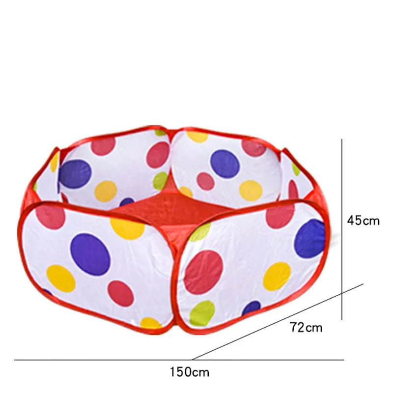 A colorful, foldable kids play tent with a ball pool pit, shown from above.