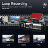 A black dashcam is shown with various functions like Lock, Delete, and Play on a dark background.