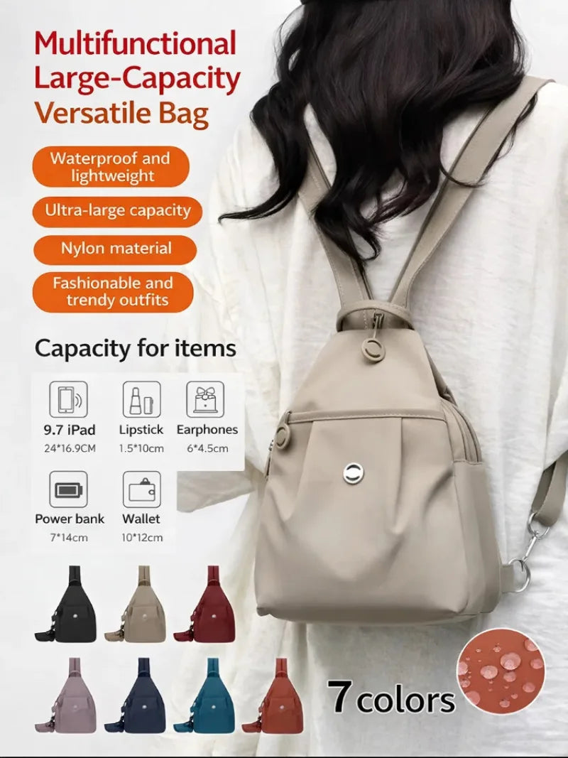 A beige multifunctional large-capacity versatile bag worn by a woman, showing its features and various color options.
