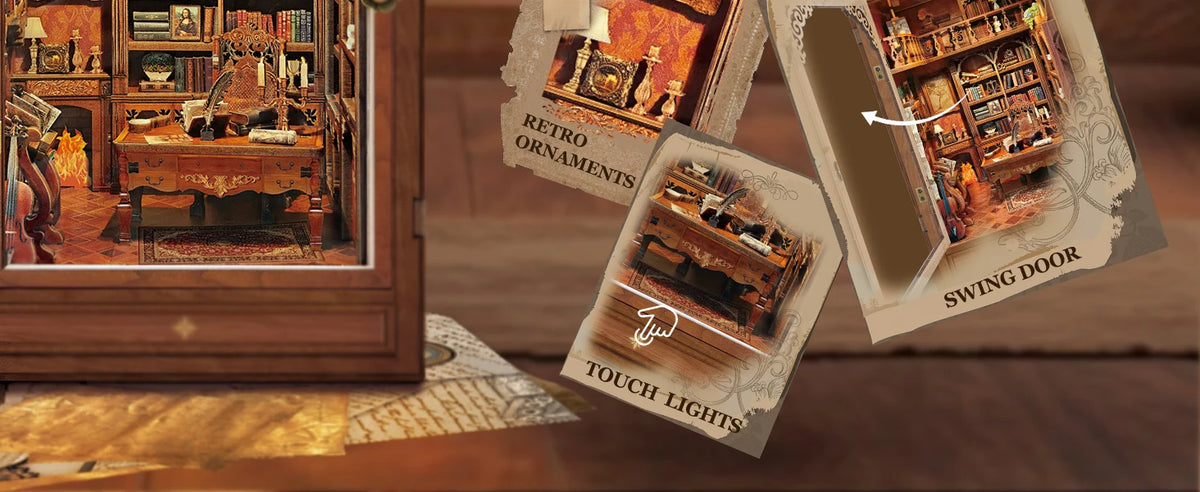 A set of DIY book nook inserts featuring retro ornaments, touch lights, and a swing door for miniature scenes.