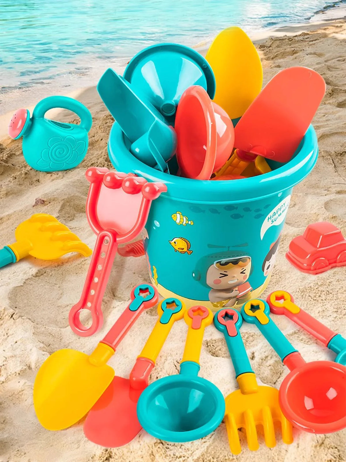 A collection of 18 plastic beach and sand toys in various colors like yellow, orange, pink, and blue resting on sand.