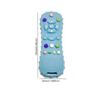 Light blue silicone baby teether with various buttons and a textured grip