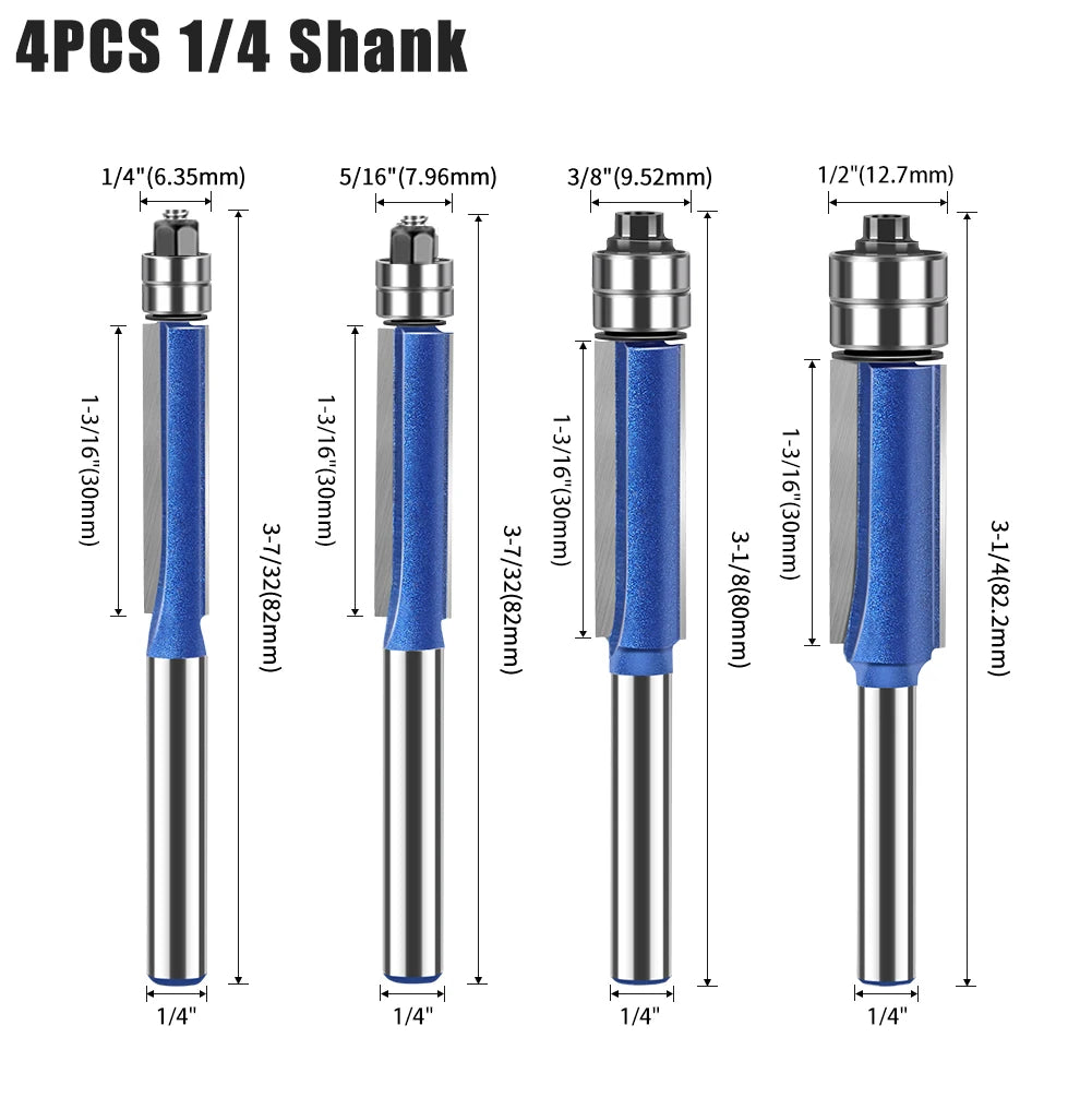 Flush Trim Router Bits with Dual Bearings – Set of 4 Sizes