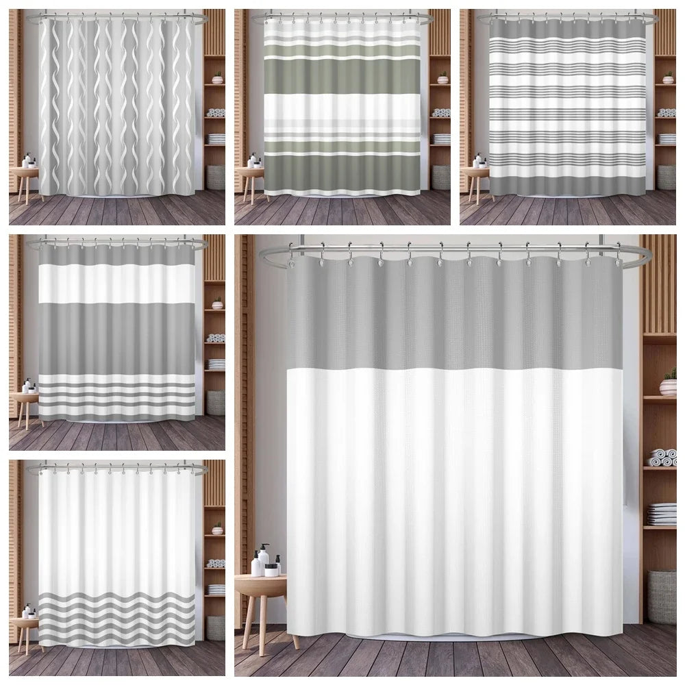 A collection of shower curtains featuring various geometric stripe patterns and waffle weaves in shades of gray and white.