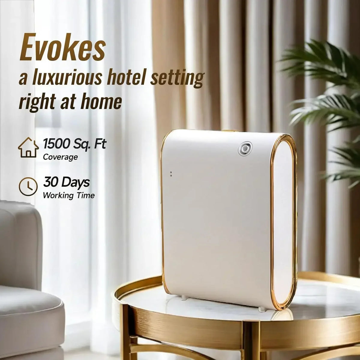 A white smart Bluetooth waterless fragrance diffuser sitting on a gold-rimmed table next to sheer curtains.
