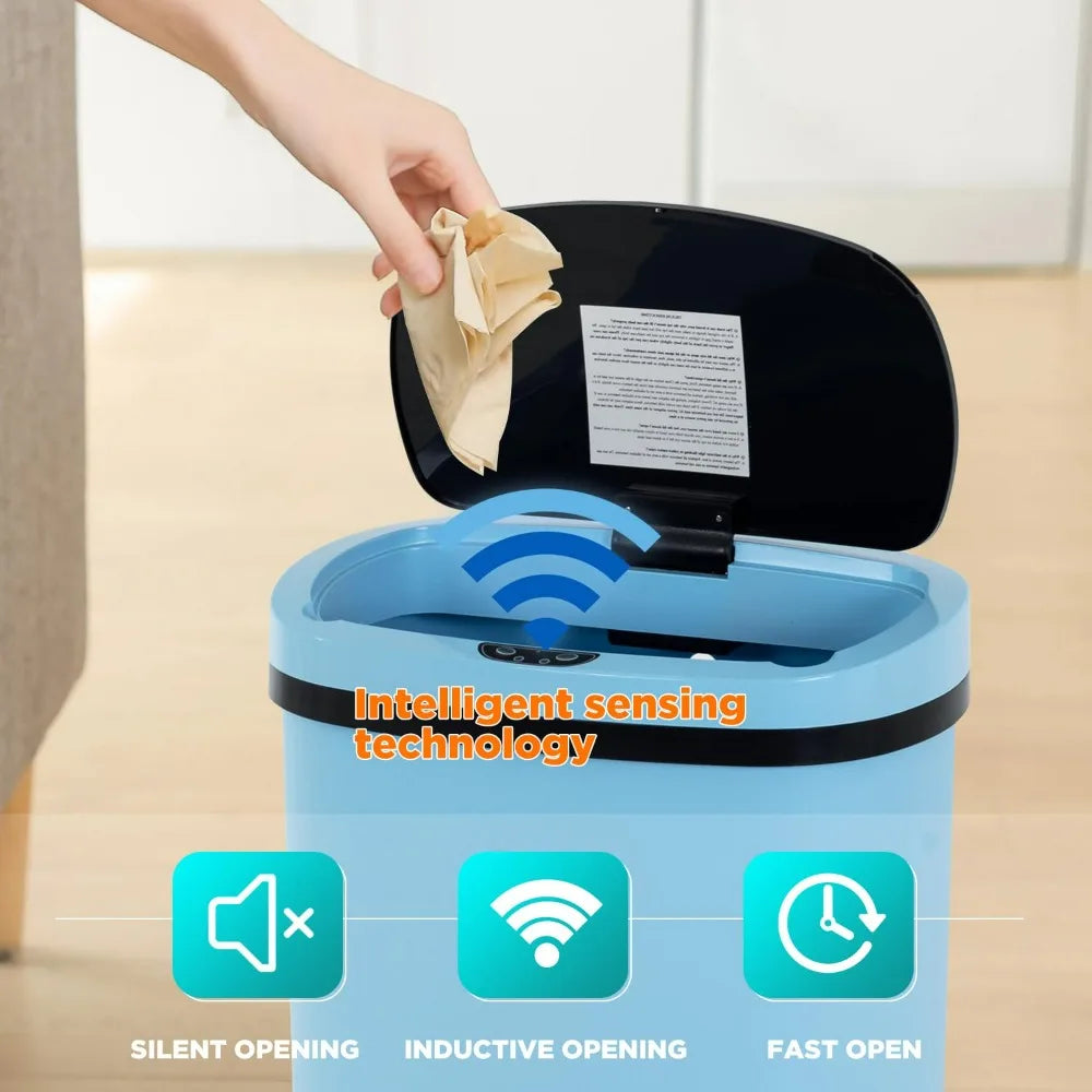 A hand opens a blue automatic touchless trash can demonstrating silent opening and inductive opening technology.