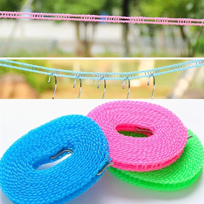 A collection of portable nylon travel clothesline with hooks in blue, pink, and green colors.