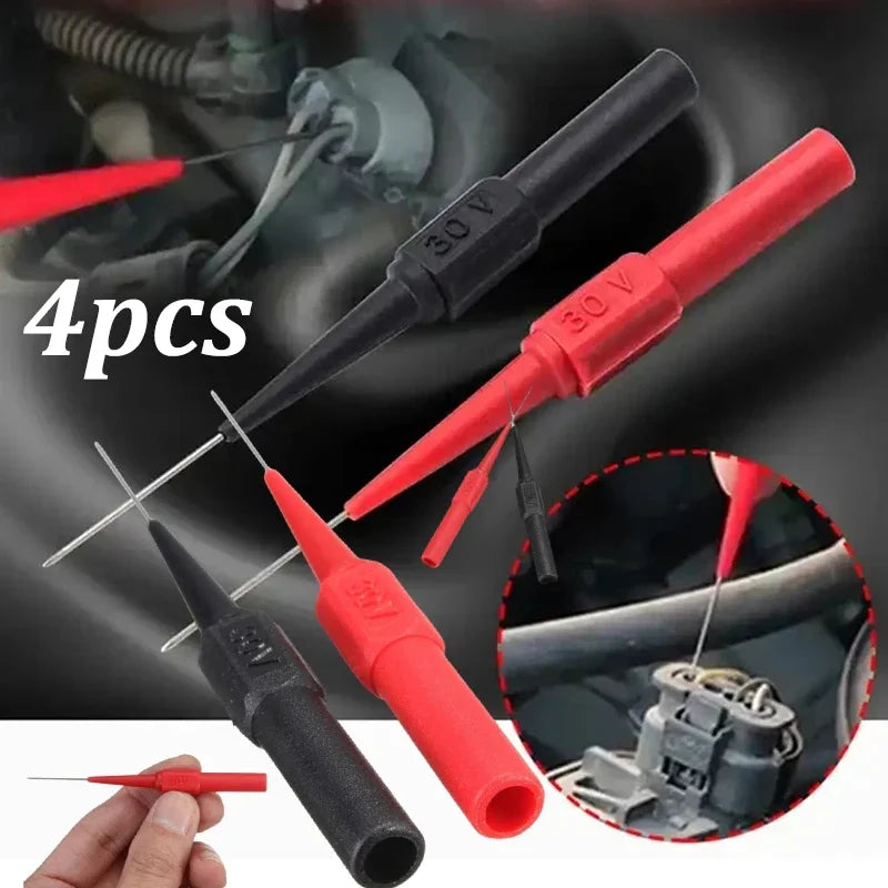 A set of four red and black multimeter back-piercing test probes with needle tips shown against a dark background.