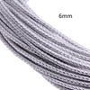 Close-up of a silver braided leather cord, 6mm in diameter, shown in a spool or length.