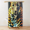 A dark fabric shower curtain featuring a vibrant leopard print with yellow, black, and orange patterns.