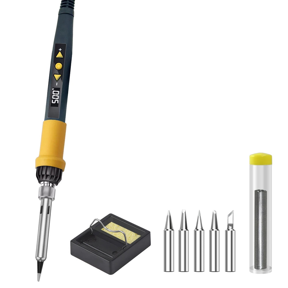 A soldering iron with a digital display and adjustable temperature, along with tips and a holder.