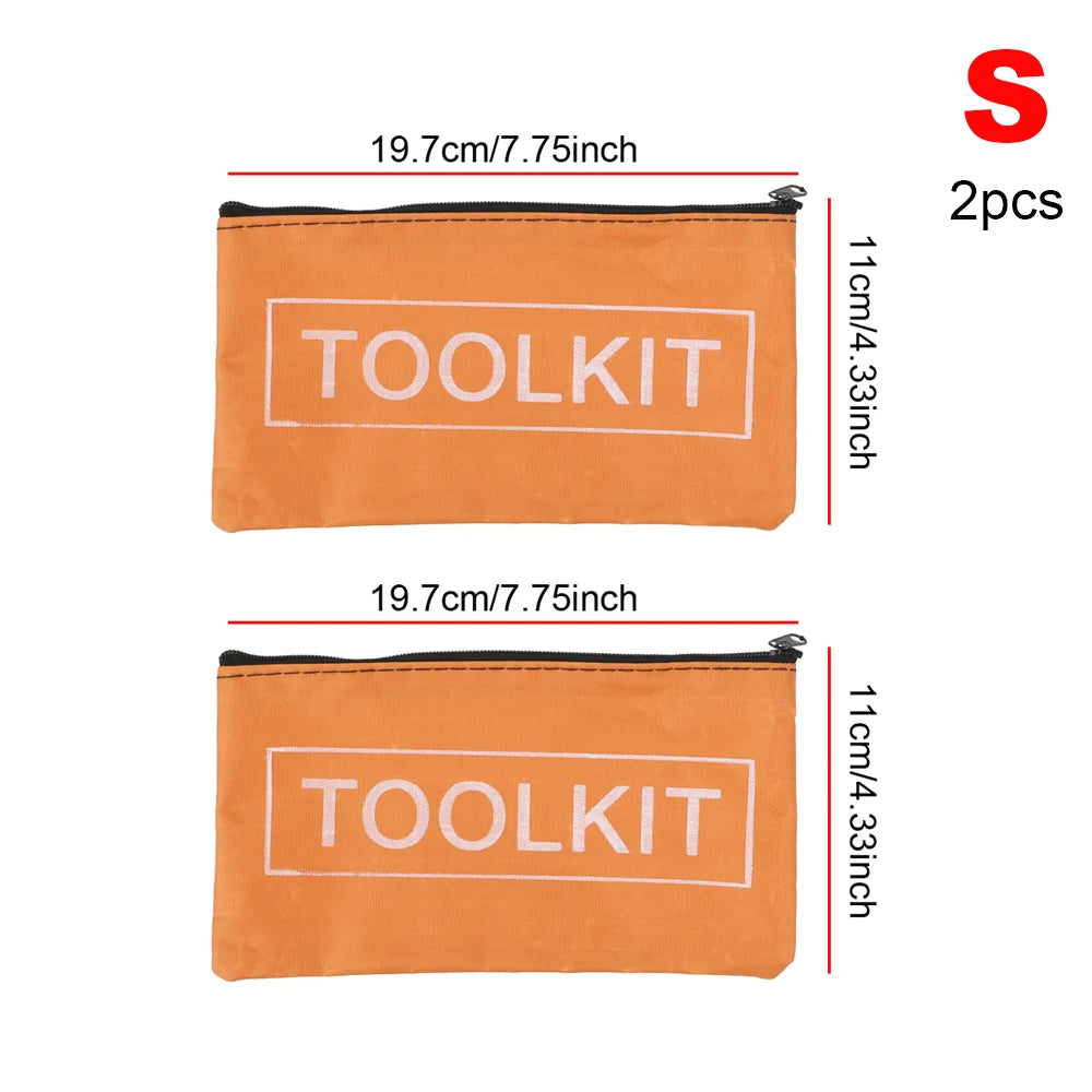 Two orange fabric tool kits are shown side by side, measuring 19.7cm long and 11cm high.