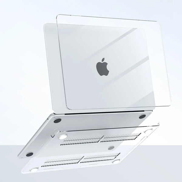 A clear protective case and screen protector for a MacBook Air or Pro is shown stacked on a surface.