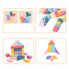 Wooden rainbow shape puzzle pieces in various colors and shapes arranged in different patterns.
