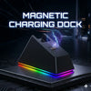 A black wireless gaming mouse resting on a magnetic charging dock with blue neon lighting.