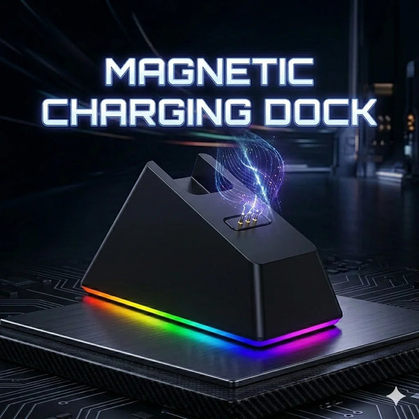 A black wireless gaming mouse resting on a magnetic charging dock with blue neon lighting.