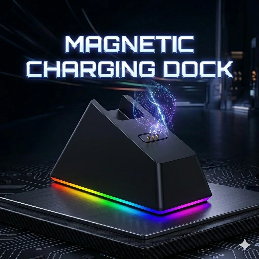 A black wireless gaming mouse resting on a magnetic charging dock with blue neon lighting.