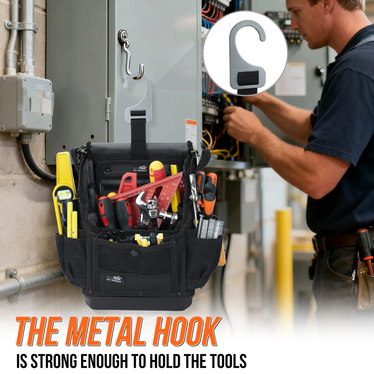 A black tool bag with a metal hook is shown next to an electrician working on electrical panel equipment.