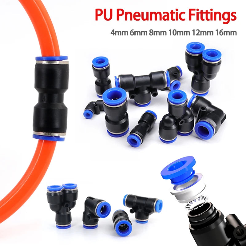 Various PU pneumatic fittings in black and blue colors shown for air compressor tubing.