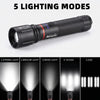 A black rechargeable flashlight with five lighting modes is shown, demonstrating strong light, medium light, weak light, stro