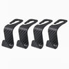 A pair of black carbon fiber car headrest hooks used for storing bags, clothes, and other items.