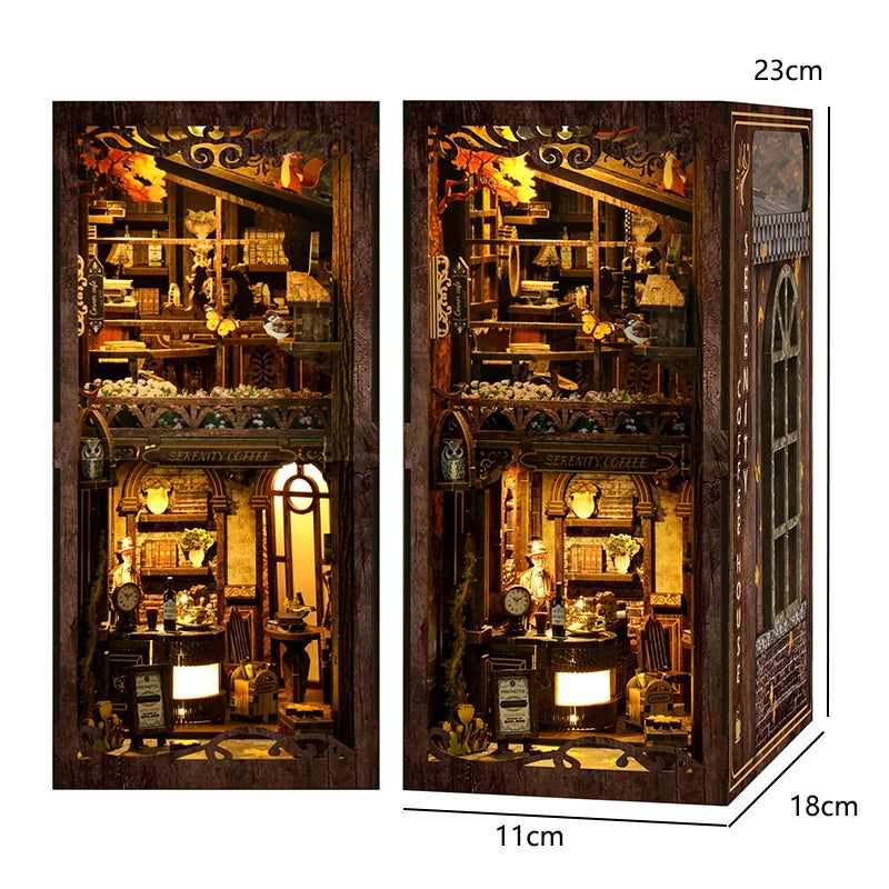 A wooden book nook kit featuring detailed miniature scenes with internal LED lighting.