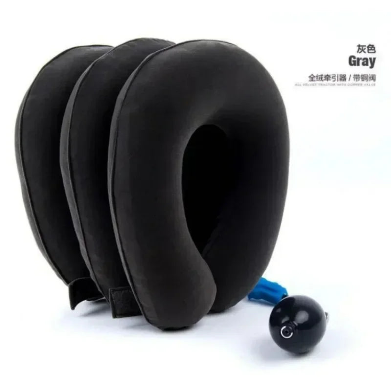 Black inflatable cervical traction neck stretcher used for pain relief and relaxation