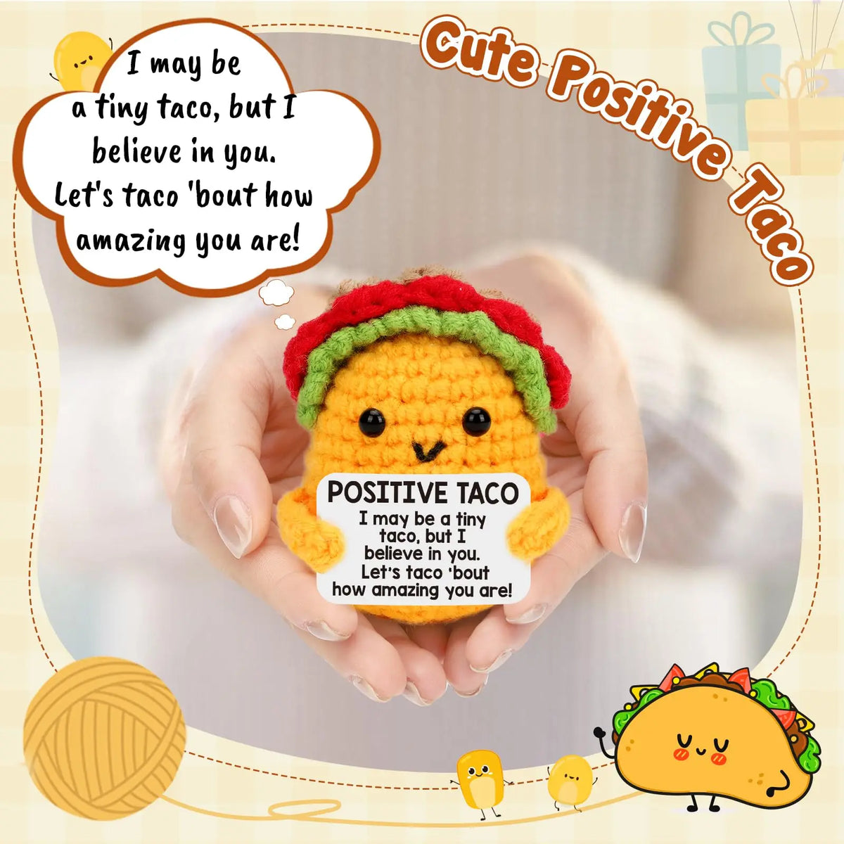 Hand holding a yellow crochet taco plush with a smiling face and a green leafy hat