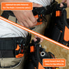 Close-up of a black and orange tool pouch with an adjustable strap and quick detach belt clip being shown on a person's waist