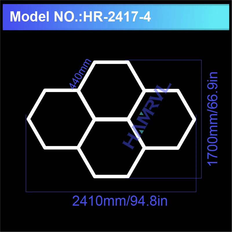 Diagram showing the dimensions of a hexagon light panel: 440mm x 1700mm and 2410mm x 94.8in.