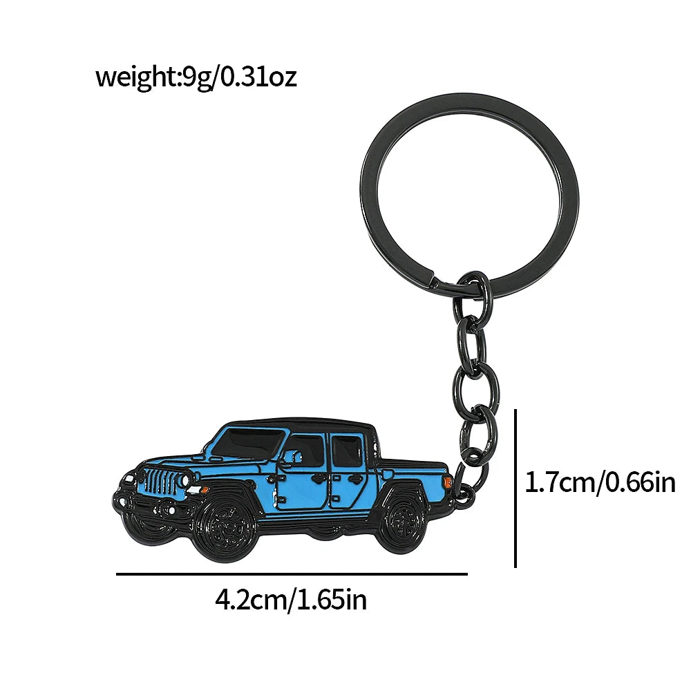 A blue Ford Bronco zinc alloy keychain with a black split ring and chain.