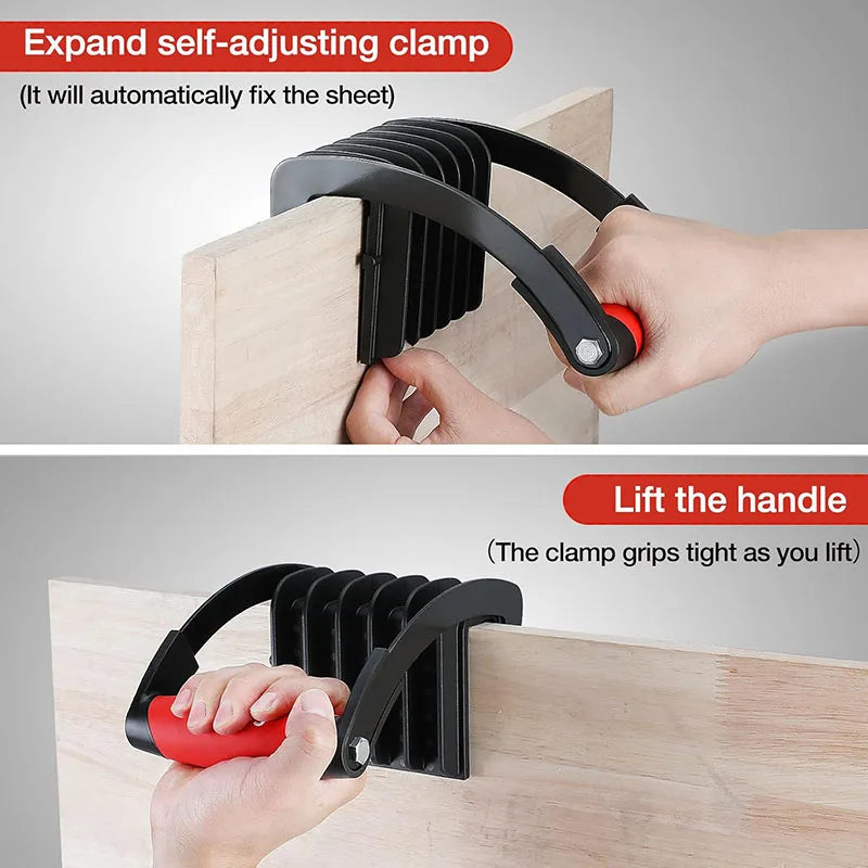A hand is using an expand self-adjusting clamp to fix a sheet, demonstrating how to lift the handle.
