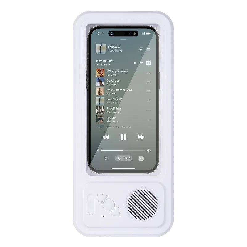 A white waterproof shower phone holder with a screen and speaker is shown.