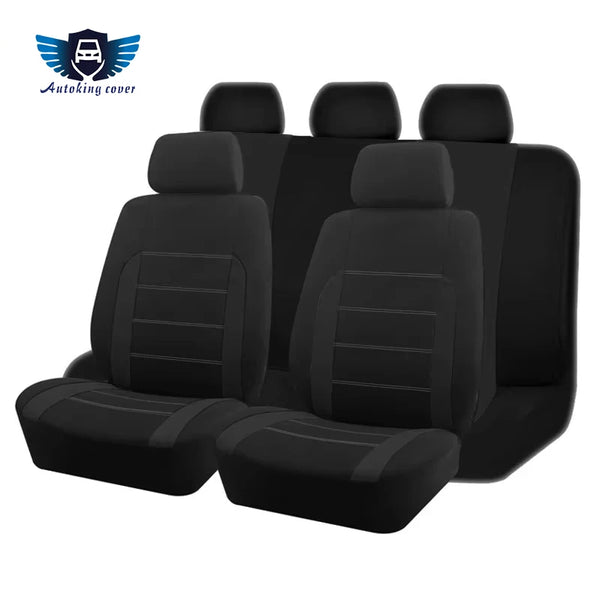 A set of black universal fabric car seat covers for front and rear protection.