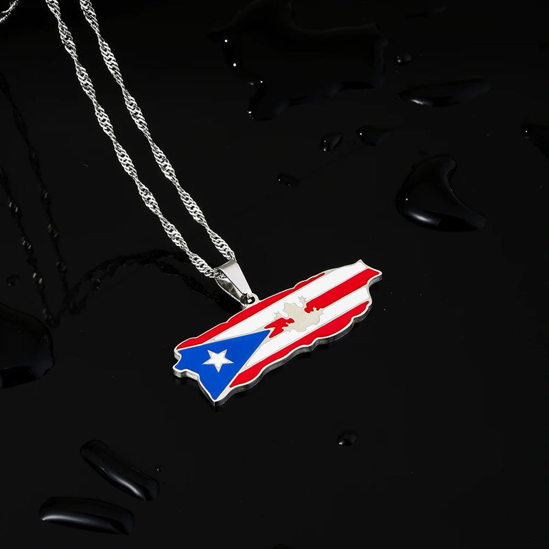 Stainless Steel Puerto Rico Map Pendant Necklace