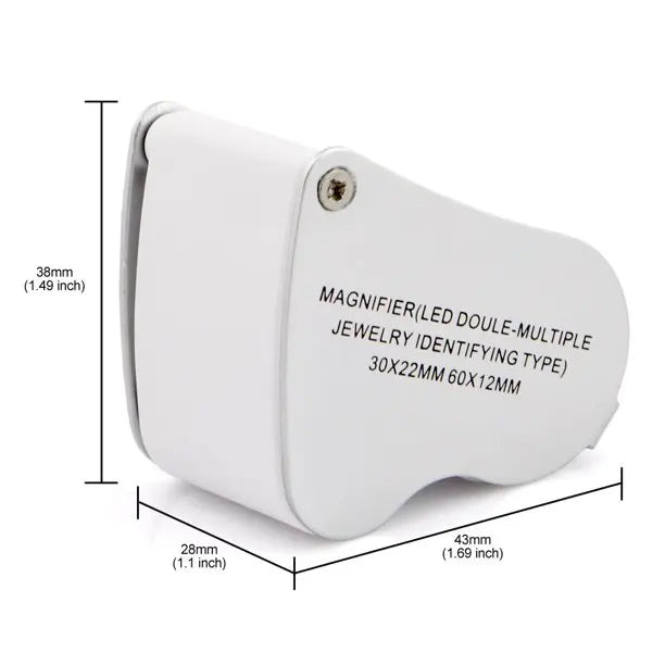 A white dual-magnification LED loupe with a foldable design shown from the side.