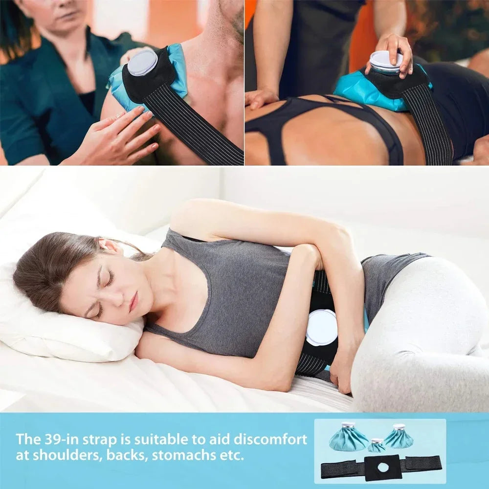 A woman is applying a reusable hot and cold therapy ice pack to her shoulder.