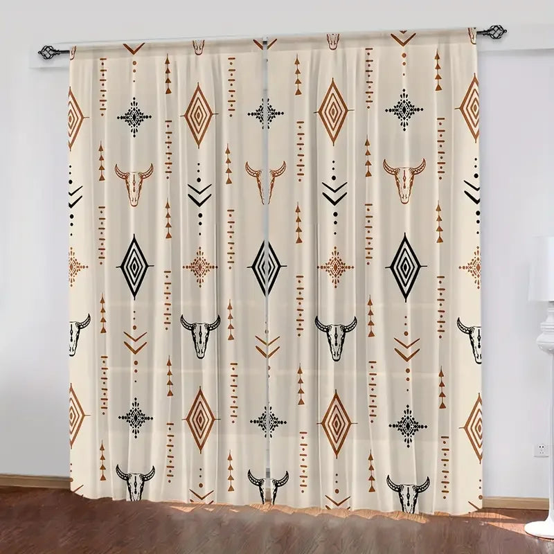 Light beige curtains featuring a repeating pattern of tribal bull skulls and geometric designs.