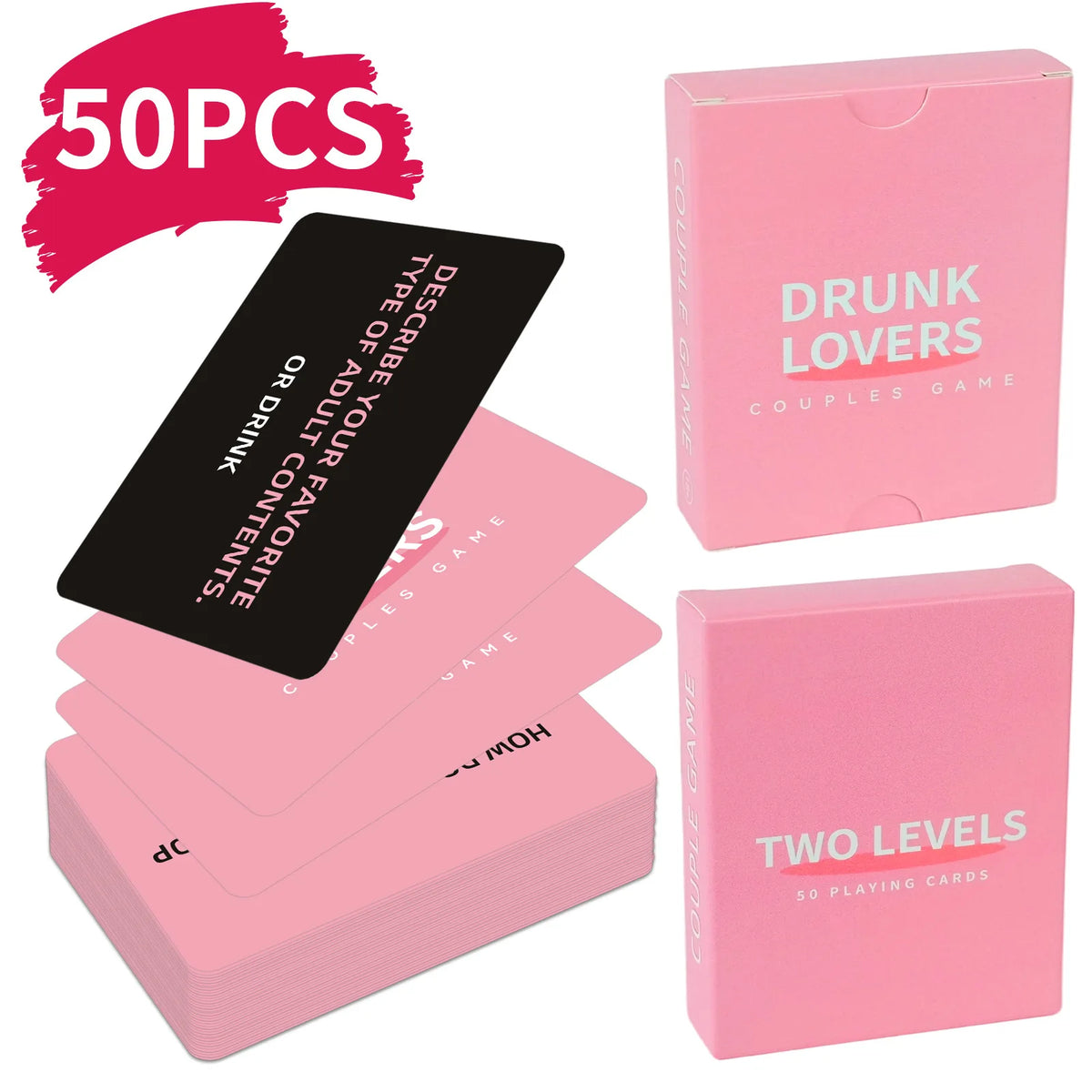 A box of 50 playing cards for a couples drinking game titled Drunk Lovers