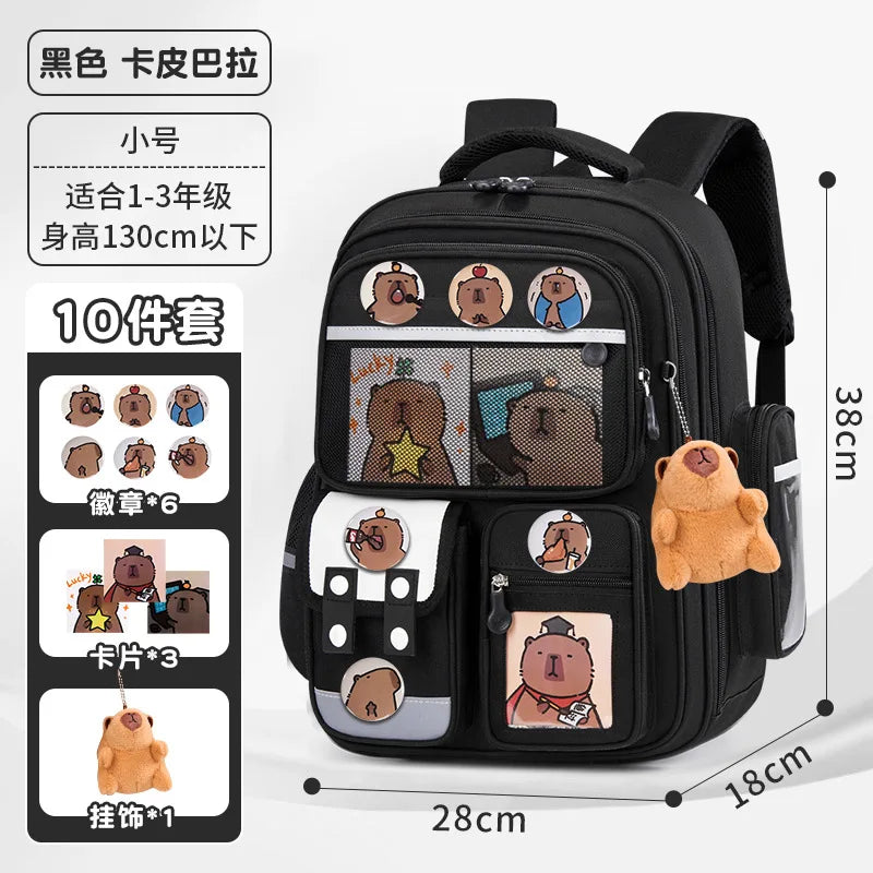 Black capybara kids school backpack featuring 10 charms and ergonomic support