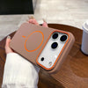 A hand holds a matte brown phone case with MagSafe support and three camera lenses.