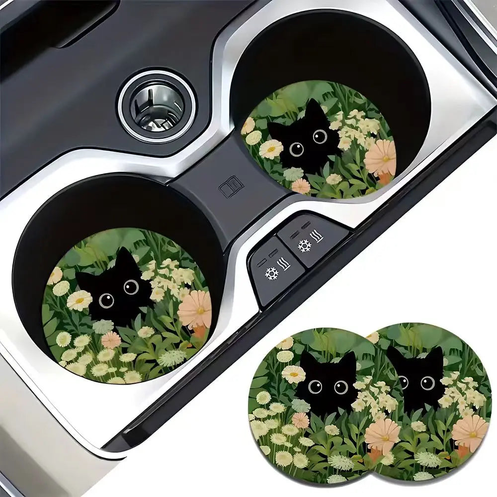 Decorative Cat Flower Car Cup Holder Mat Set