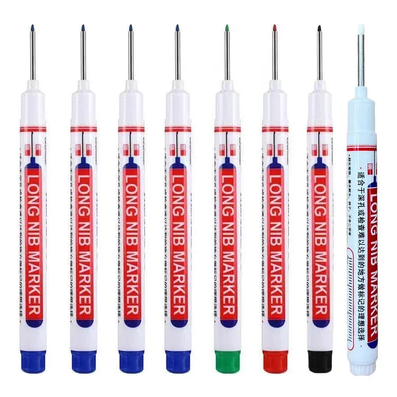 Eight long nib markers for deep holes used in metal and woodworking