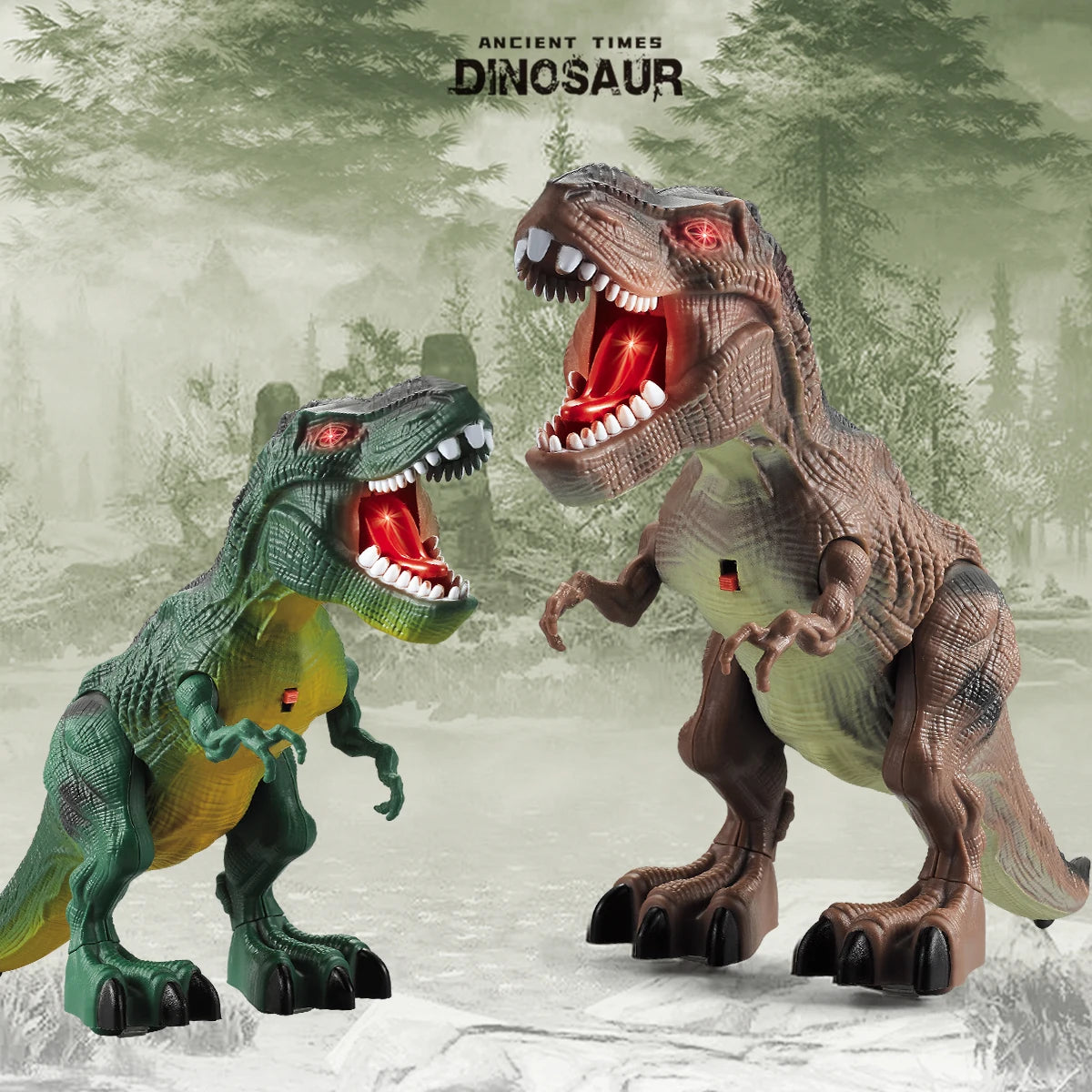 A realistic dinosaur toy T-Rex in green and brown colors is shown roaring against a misty forest background.