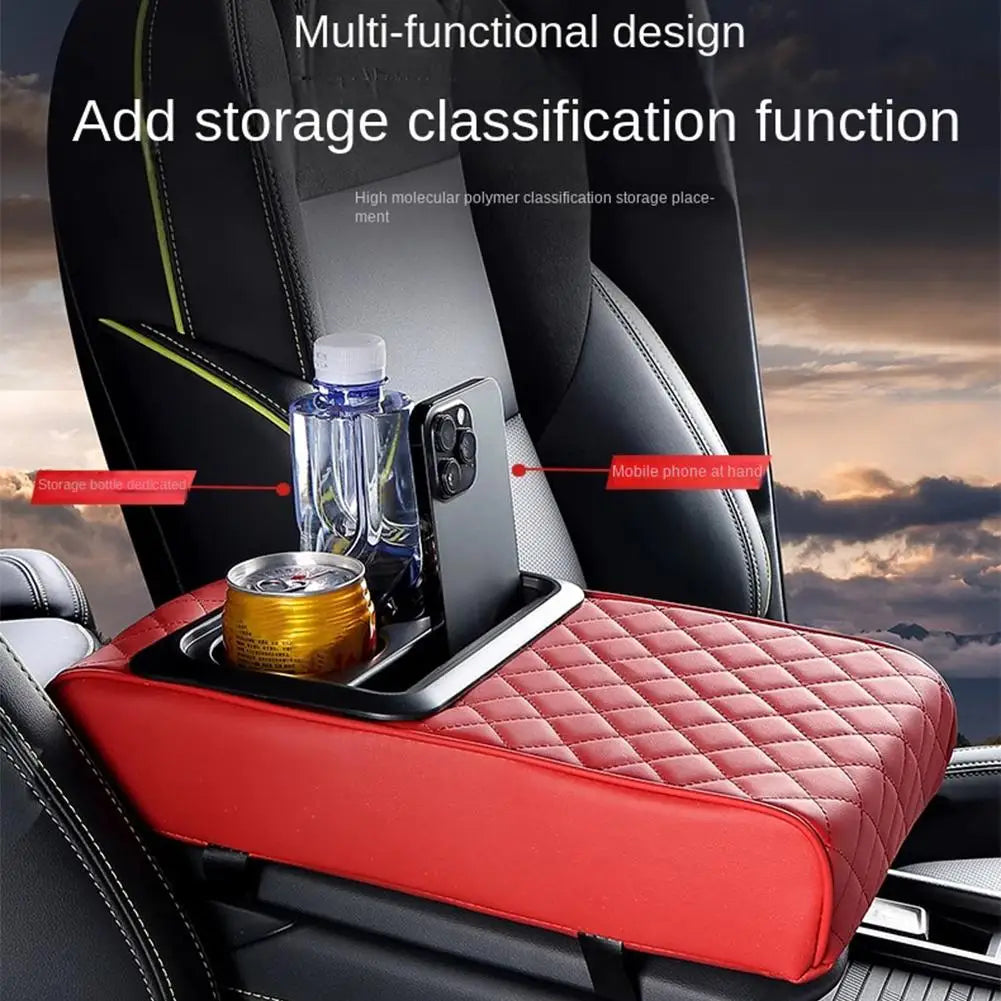 A red car center console armrest cushion with a cup holder and storage features is shown in a vehicle interior.
