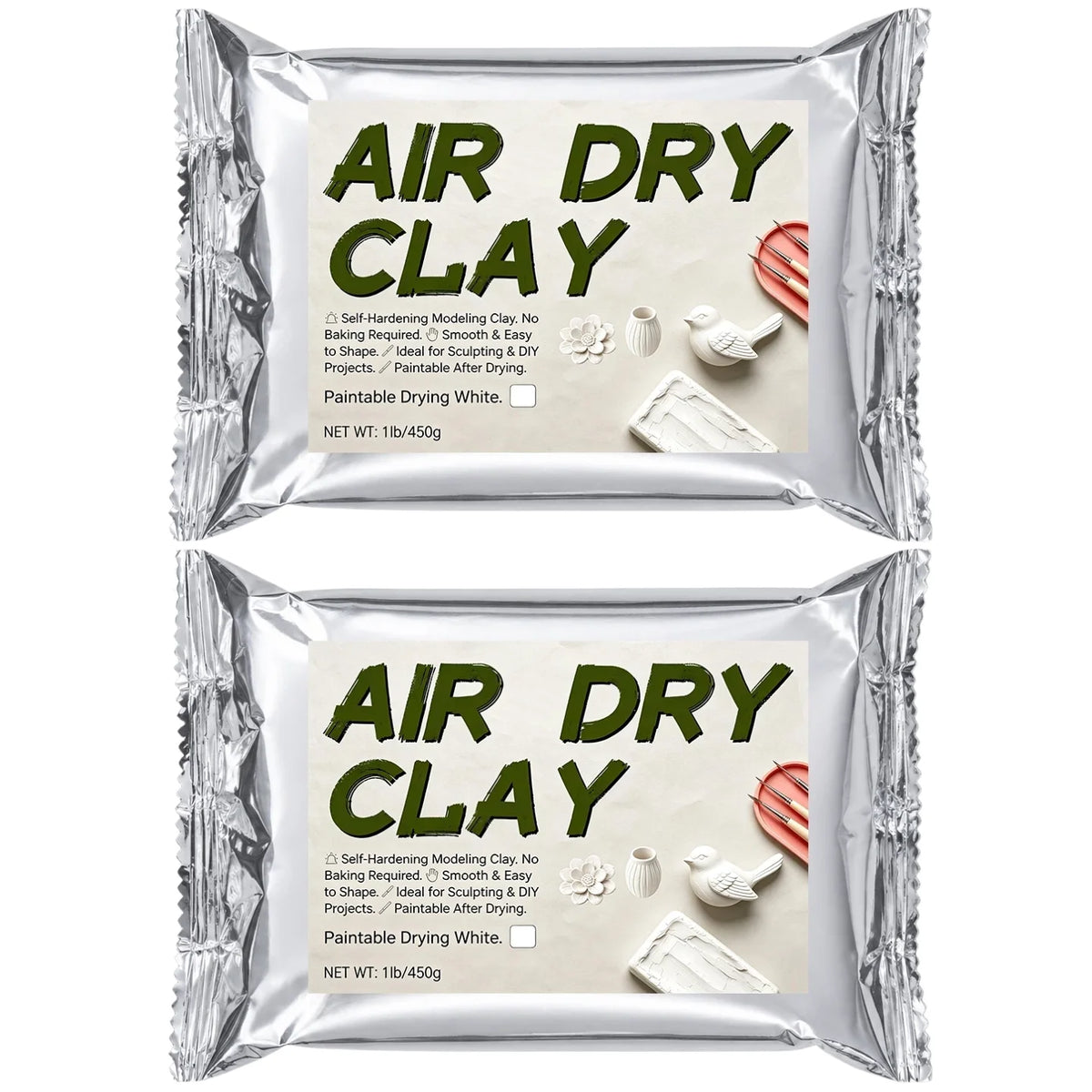 Bag of air dry clay labeled for self-hardening modeling, suitable for sculpting and DIY projects.