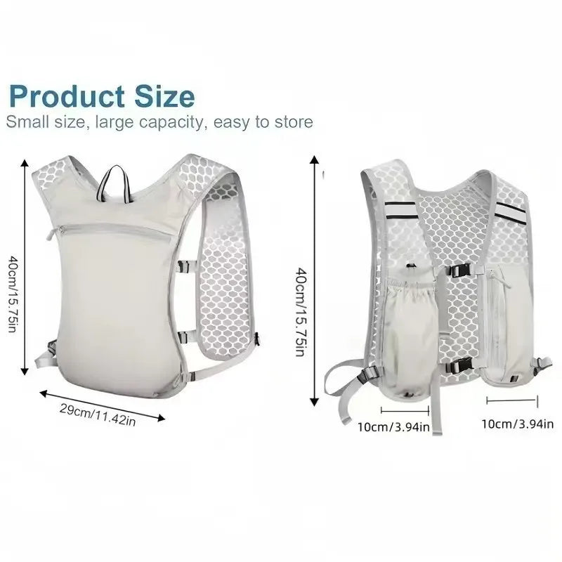 A white lightweight hydration vest designed for running and outdoor activities, shown in a flat lay view.
